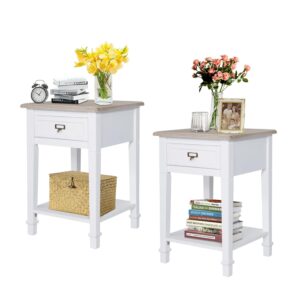 kinsuite white side table set of 2 wood end table nightstands with drawer and storage shelf