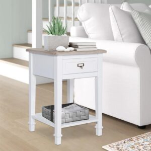 Kinsuite White Side Table Set of 2 Wood End Table Nightstands with Drawer and Storage Shelf