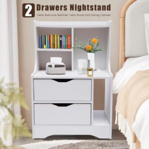 Lemoeyes End Table with 2 Drawers, Wood Nightstand with Storage Shelf Side Table Cabinet Bedside Furniture Books Storage for Living Room Bedroom Office - White, Easy Assembly