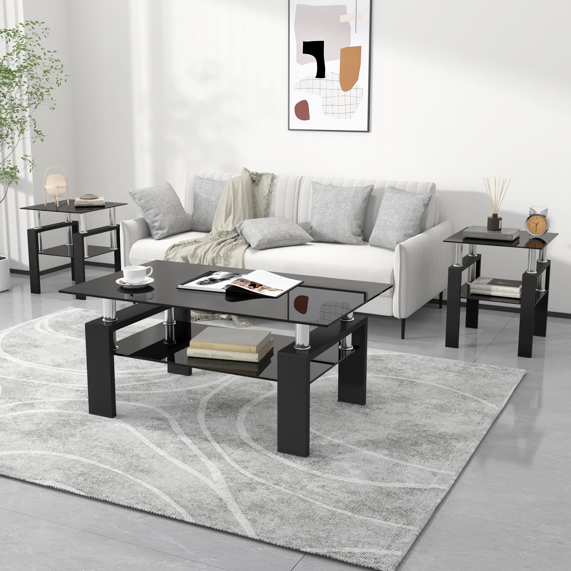 Coffee Table Set, Glass Coffee Table and 2 End Tables, Modern Table Set for Living Room, (Black, coffee table + 2 end tables)