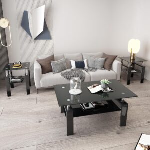 Coffee Table Set, Glass Coffee Table and 2 End Tables, Modern Table Set for Living Room, (Black, coffee table + 2 end tables)