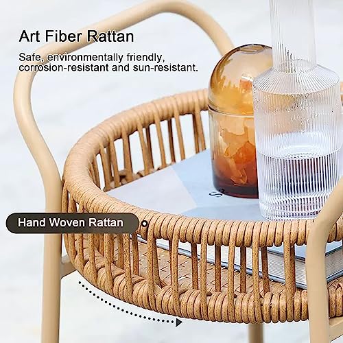 Gtzly Rattan Round End Table, Small Coffee Table with Wheels and Steel Frame, Side Table Accent Side Table with 2-Tier Rattan Open Storage Shelves