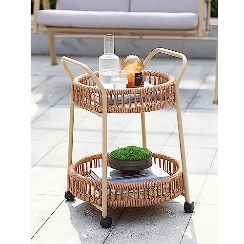 Gtzly Rattan Round End Table, Small Coffee Table with Wheels and Steel Frame, Side Table Accent Side Table with 2-Tier Rattan Open Storage Shelves