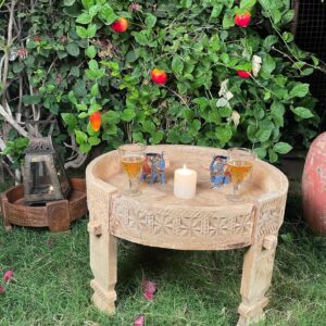 Wooden Indian Natural Carved Chakki Table/Coffee Table/Round Rajasthani Desrt Dinner Table/Side Table/Lamp Holder Table/Candle Holder Table