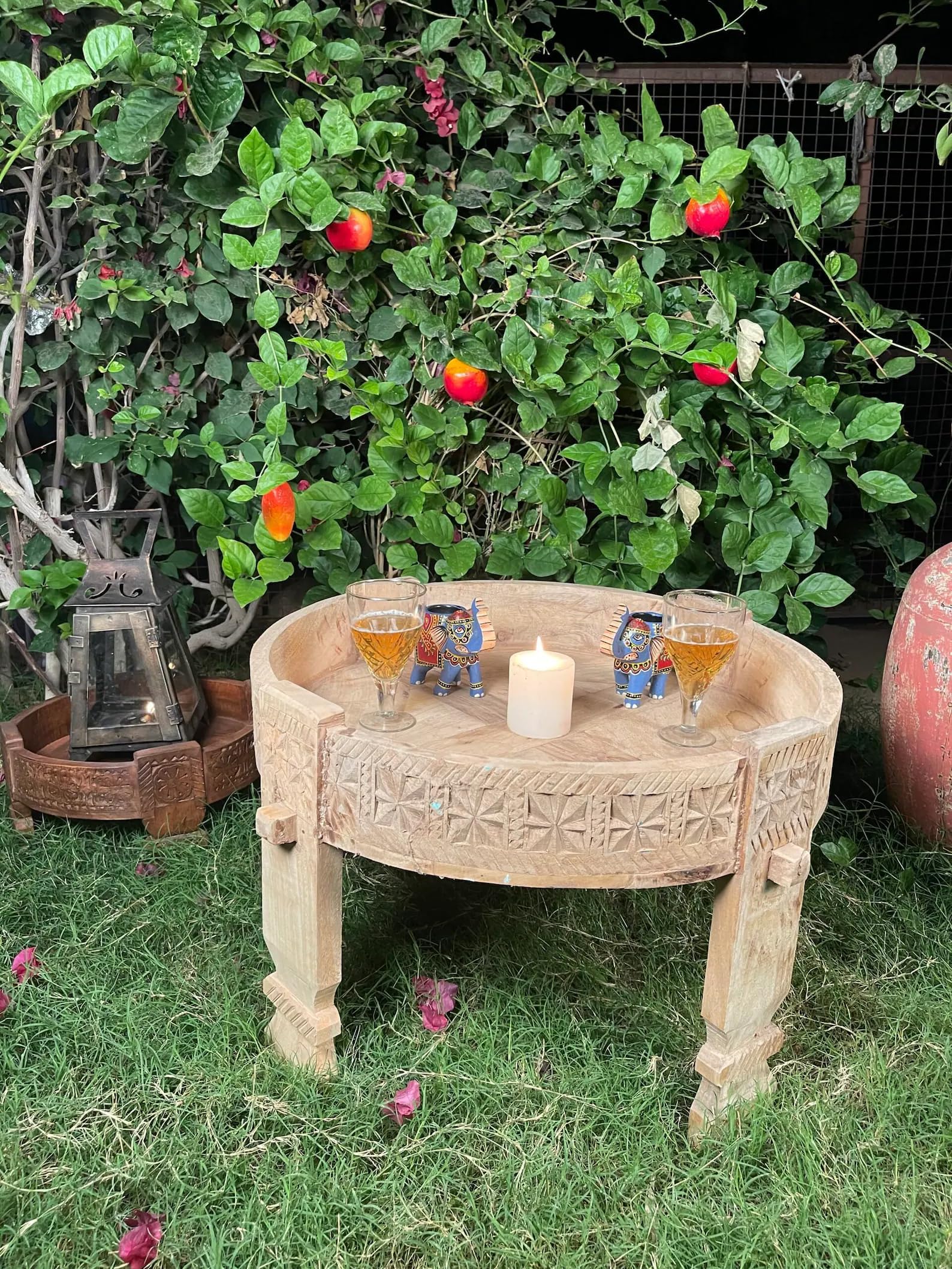 Wooden Indian Natural Carved Chakki Table/Coffee Table/Round Rajasthani Desrt Dinner Table/Side Table/Lamp Holder Table/Candle Holder Table