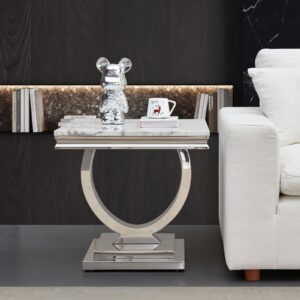 Mid-Century Modern White Marble End Table w/Silver U-Shaped Stainless Steel Base Night Stand Square End Table for Living Room Luxury Sofa Side Table witn High Glossy Finish