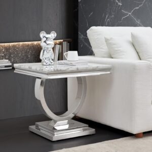 Mid-Century Modern White Marble End Table w/Silver U-Shaped Stainless Steel Base Night Stand Square End Table for Living Room Luxury Sofa Side Table witn High Glossy Finish