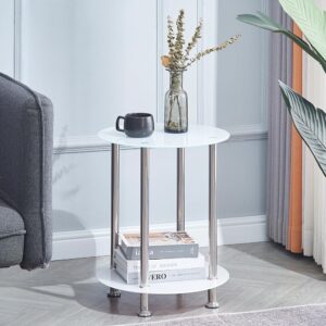 rooiome 2-tier 15.75" glass round end table, glass sofa side table with storage shelf for living room, bedroom, white