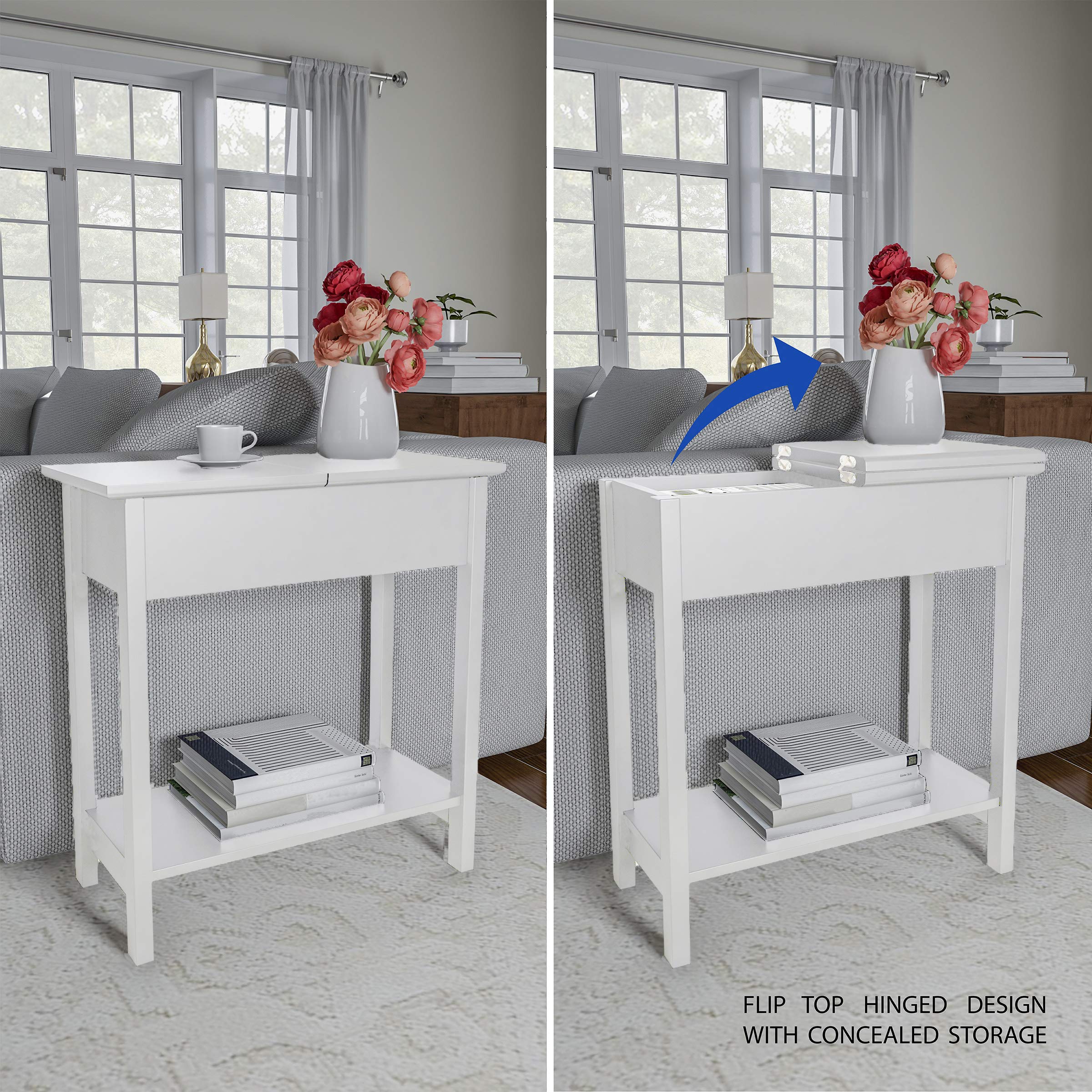 Lavish Home Flip Top Console Table – Set of 2 White End Tables with Hidden Hinged Storage Compartment and Lower Shelf for Living Room or Bedroom