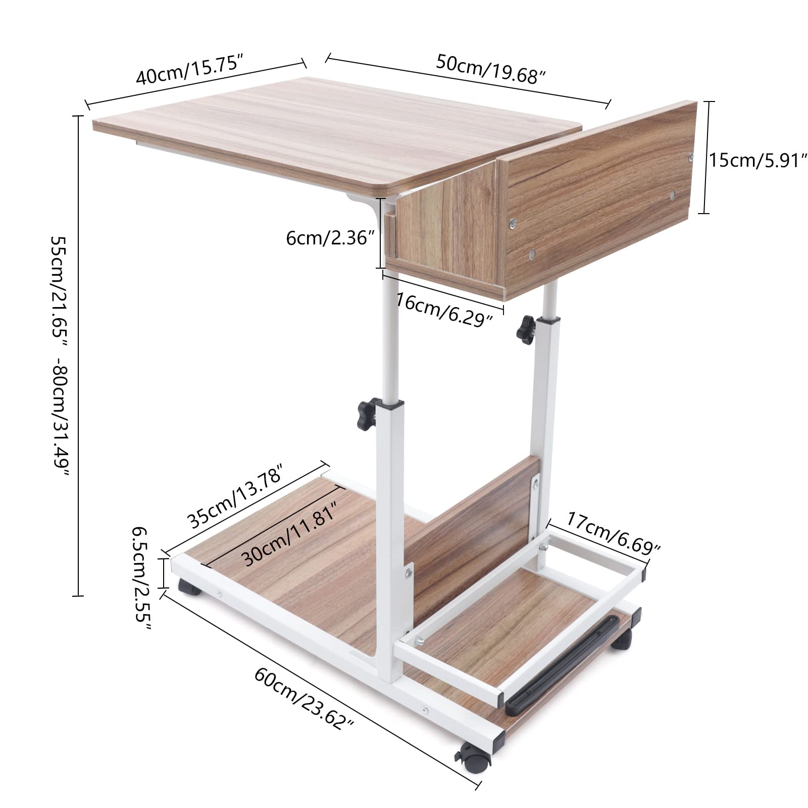 MhdunueSK C Shaped End Table with Lockable Universal Wheels,Rolling Sofa Side Table with Storage Wooden Snack Side Table Mobile Couch Table,55-80Cm Adjustable Height Range