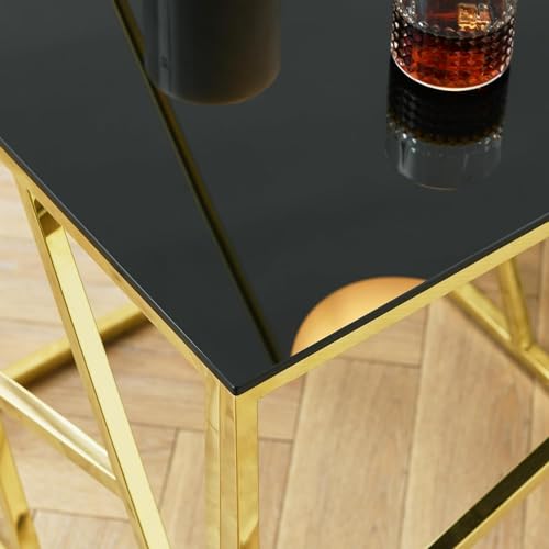 Black Side Table Small End Table with Mirrored Stainless Steel Metal Base, Square Tempered Glass End Table with Storage Modern Side Table, Living Room End Table Narrow Long Side Table Night Stand