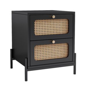 yiwa modern end table with 2 drawers, table side, rattan wood nightstand for bedroom living room black