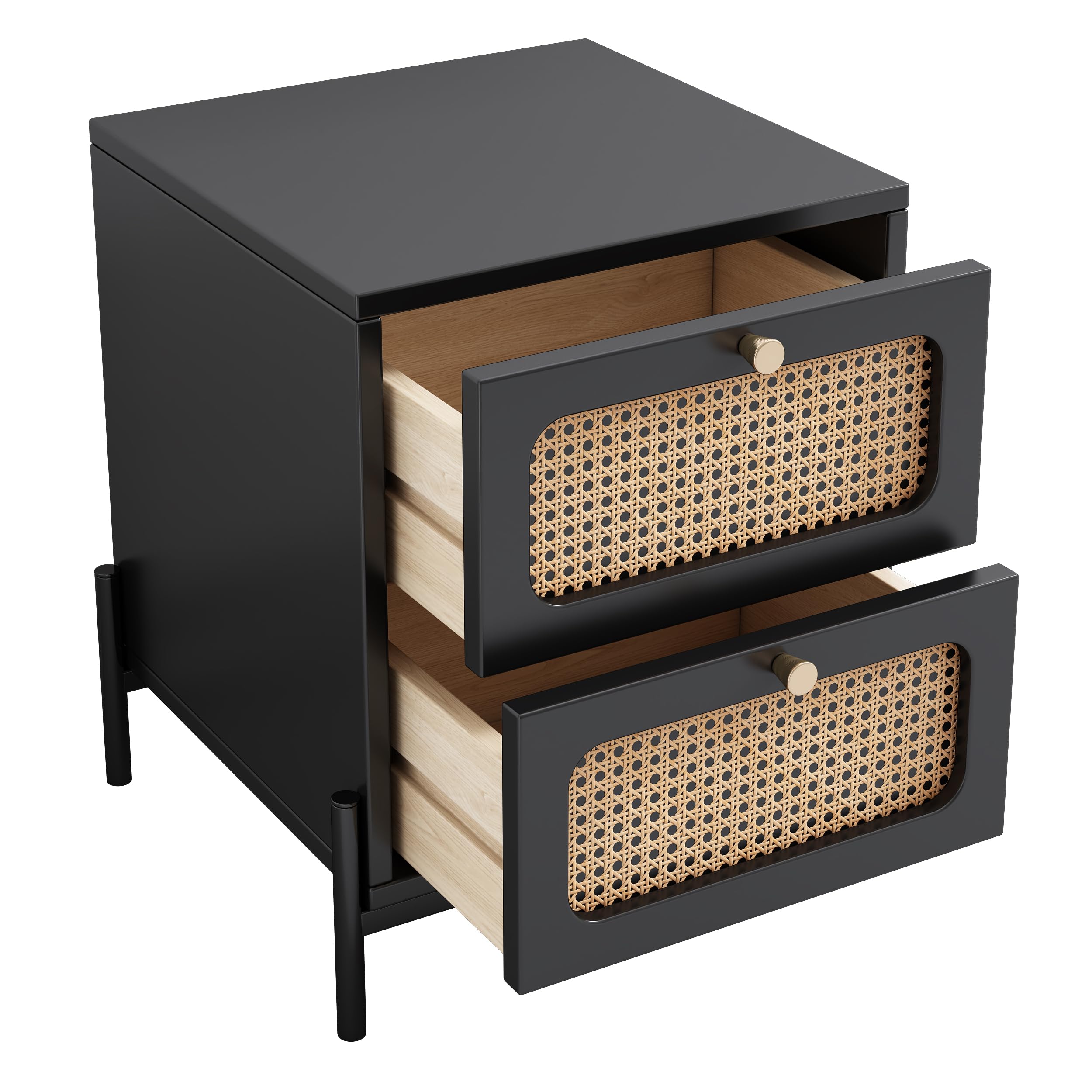 Yiwa Modern End Table with 2 Drawers, Table Side, Rattan Wood Nightstand for Bedroom Living Room Black