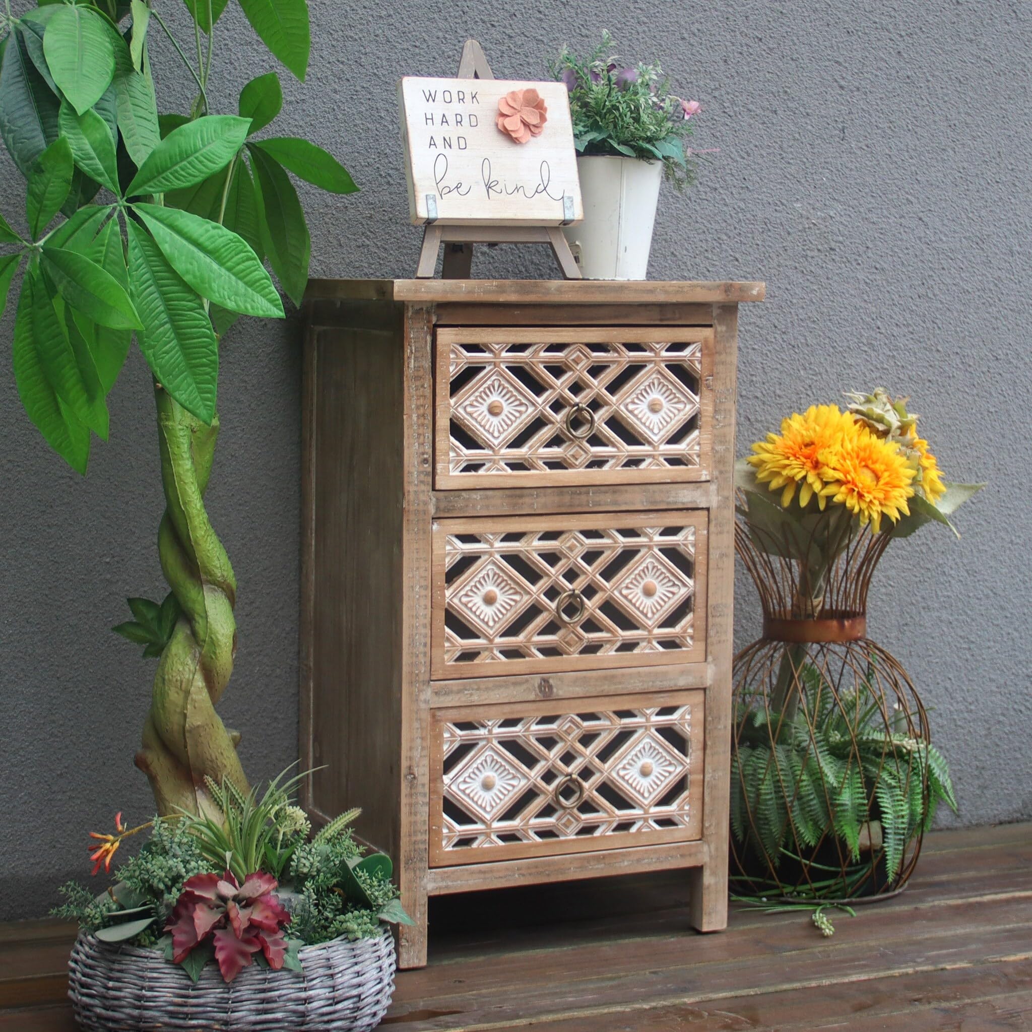 Wooden Accent Table with 3 Cutout Carved Drawersvintage Side Brown Vintage Wood Washed Drawers