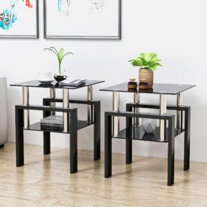 hesieu modern tempered glass end table set of 2 side table made of tempered glass and metal legs nightstand sofa side table suitable for living room, bedroom dining room (black)