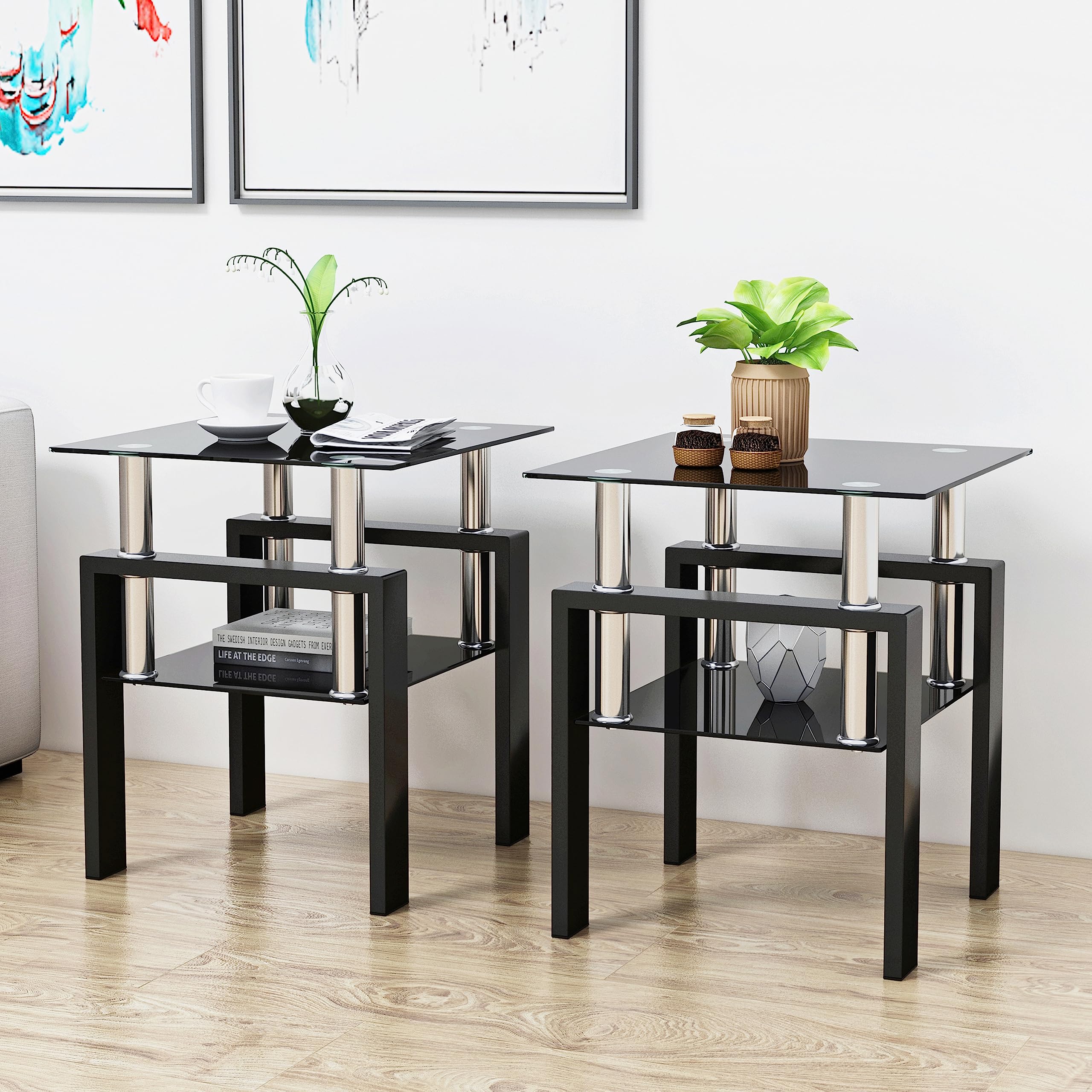 HESIEU Modern Tempered Glass End Table Set of 2 Side Table Made of Tempered Glass and Metal Legs Nightstand Sofa Side Table Suitable for Living Room, Bedroom Dining Room (Black)