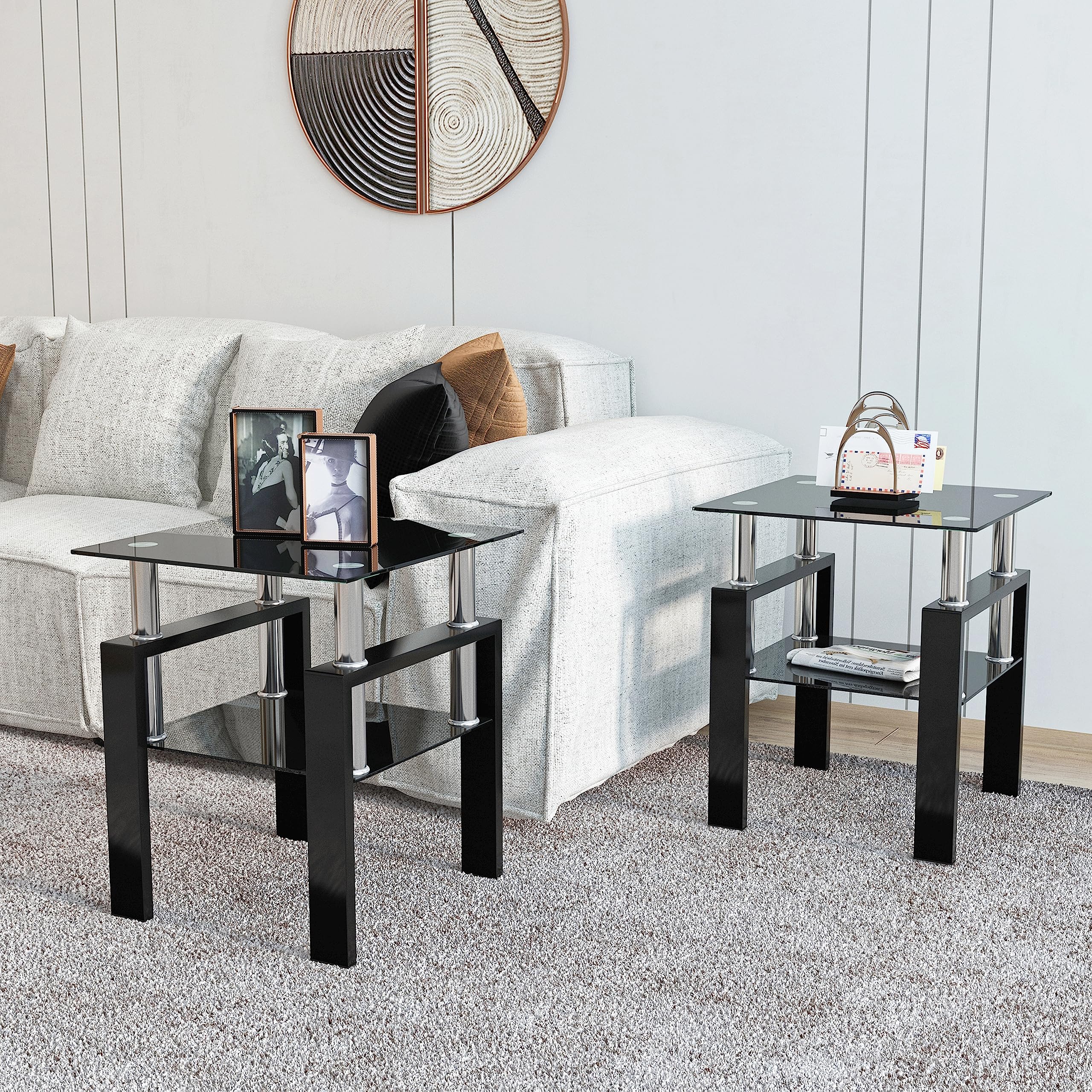 HESIEU Modern Tempered Glass End Table Set of 2 Side Table Made of Tempered Glass and Metal Legs Nightstand Sofa Side Table Suitable for Living Room, Bedroom Dining Room (Black)