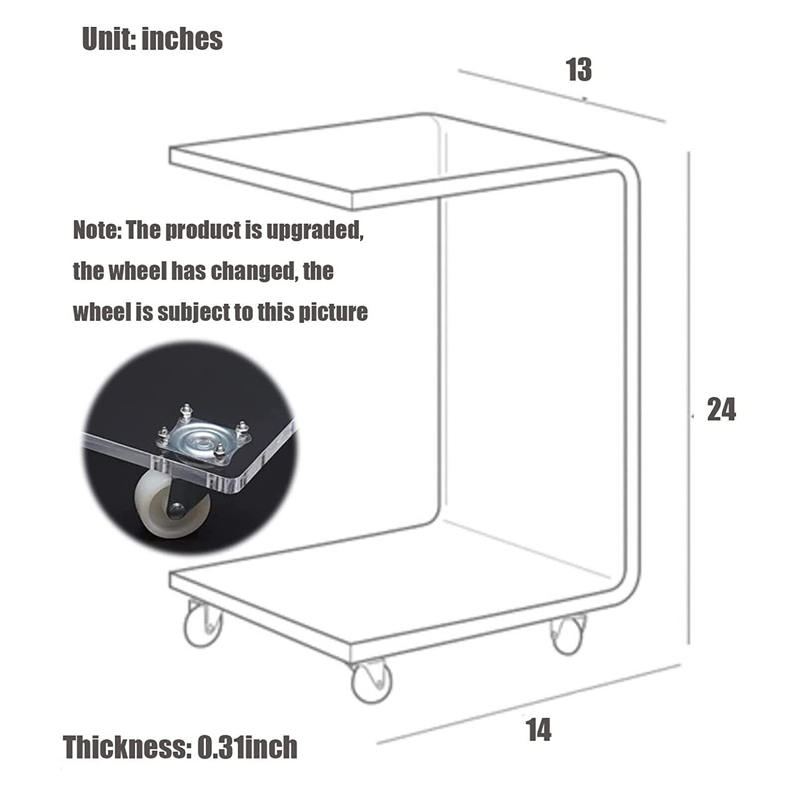 LIYUANJUN Acrylic Side Table, C Shape Nightstand with 4 Wheels Movable Small Side Table Laptop Desk for School Office Home Bedroom Furniture Decorative End Table 12.99×13.98×23.62Inch