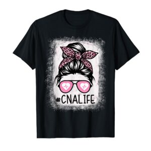 CNA Nurse Life Bleached Shirts Pink Leopard Messy Bun Womens T-Shirt