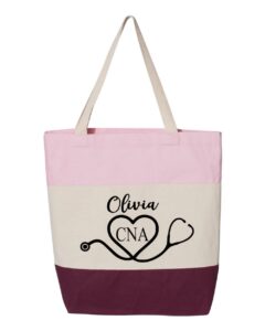 personalized certified nursing assistant cna tote bag nurse gift cna gifts gift for nurse nurse bag gift for cna (15"l x 15"h x 3"d, tri-color pink)