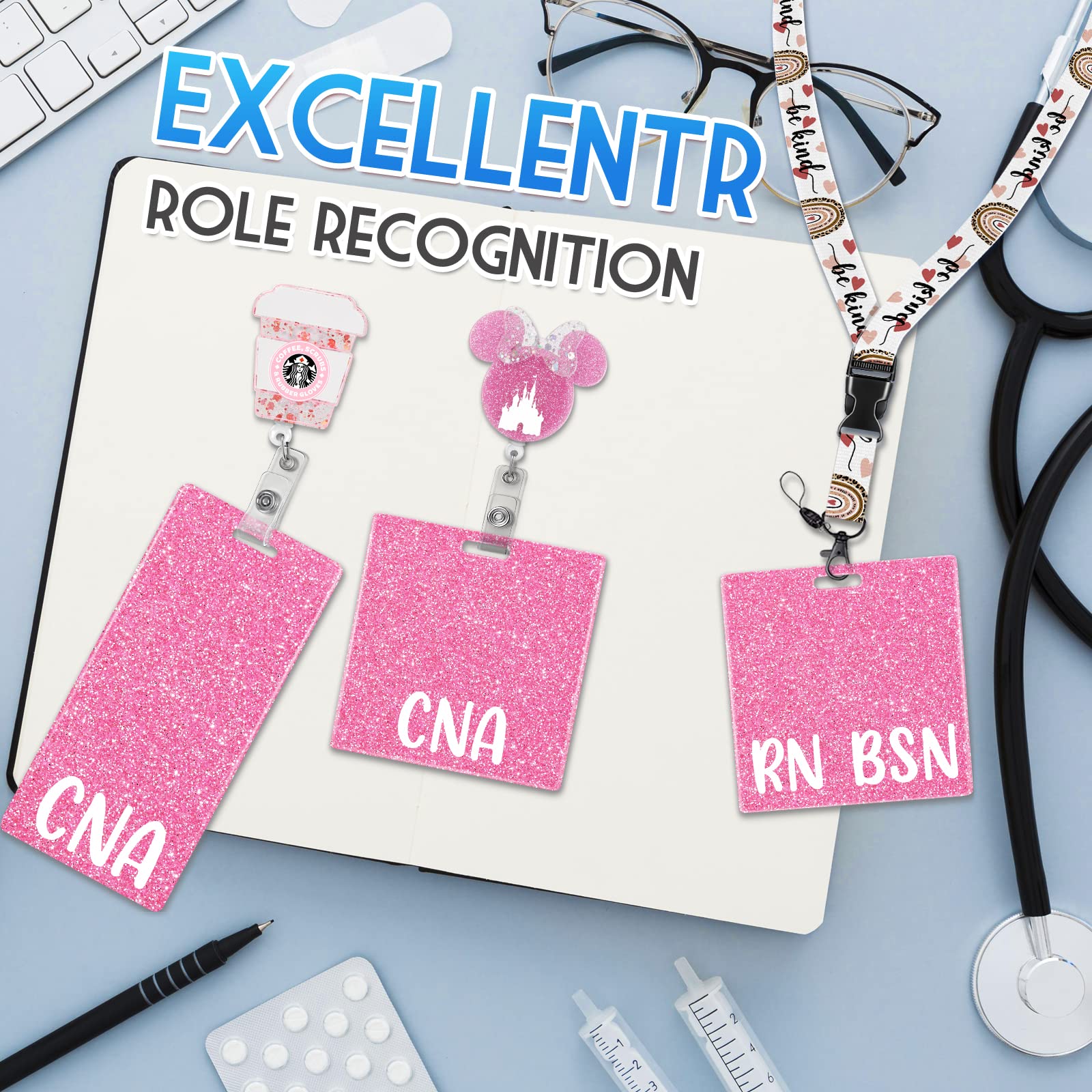 Plifal CNA Badge Buddy Card Holder Nurse Nursing Accessories Certified Nurse Aid Horizontal ID Name Identification Tags Hospital Work Glitter