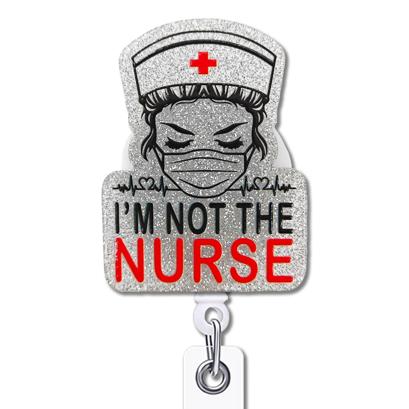 YAZMEEN Nurse Retractable Badge Reel with Alligator Clip I'm Not The Nurse ID Card Badge Holder Funny Medical Badge Funny Silver Glitter Badge Reel Gift for RN CNA LPN Nurse Doctor Medical Staff