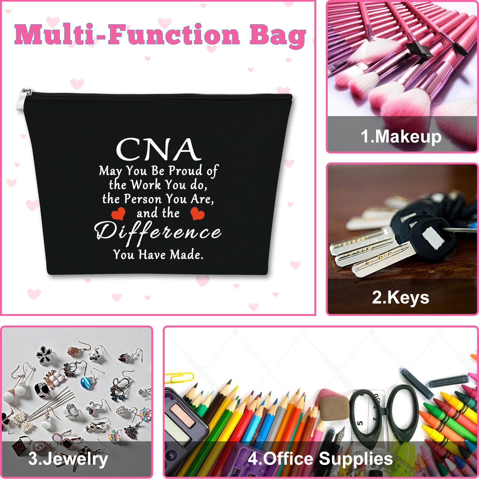 2Pcs CNA Week Gifts Makeup Bags CNA Appreciation Gifts Certified Nursing Assistant Gifts Cosmetic Bag Certified Nurses Day Gift CNA Medical Student Graduation Retirement Birthday Gift (Black,Pink)