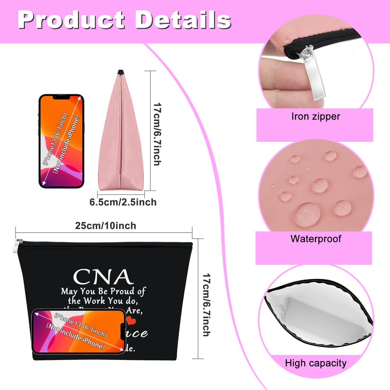 2Pcs CNA Week Gifts Makeup Bags CNA Appreciation Gifts Certified Nursing Assistant Gifts Cosmetic Bag Certified Nurses Day Gift CNA Medical Student Graduation Retirement Birthday Gift (Black,Pink)