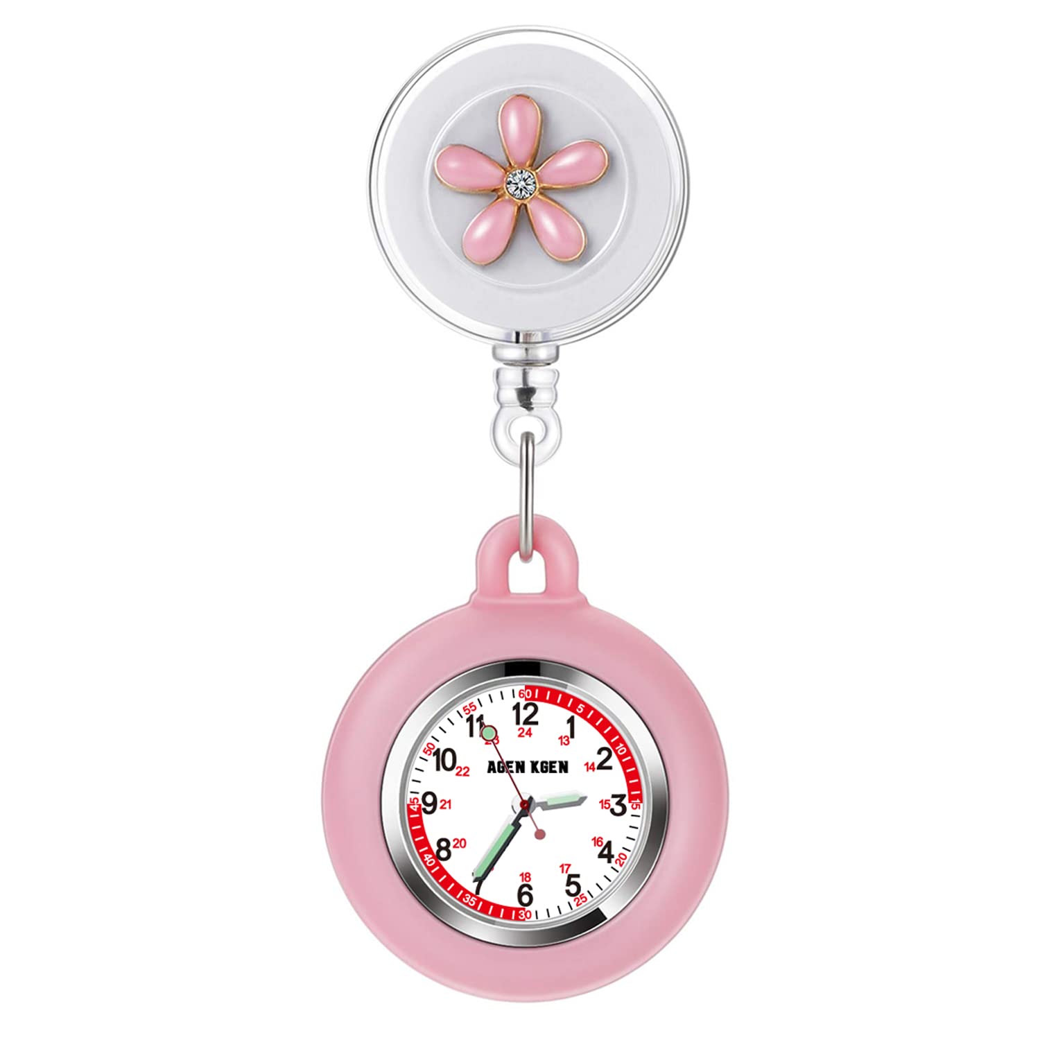 AGEN KGEN 3X Retractable Nurse Watch for Nurses Doctors, Clip-on Hanging Lapel Nurse Watch Silicone Cover Brooch Fob Pocket Watch Badge Reel (Pink)