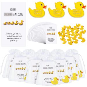 Fuutreo 100 Set Yellow Duck Brooches with You're Awesome Funny Pun Cheer up Card Duck Lapel Pins for Backpack Employee Appreciation Gift for Women Student Camp Gifts Coworker (Yellow)