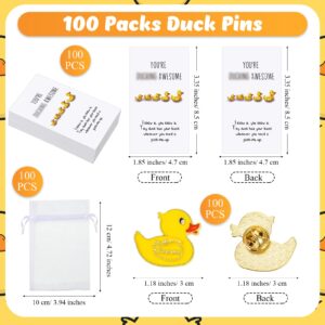 Fuutreo 100 Set Yellow Duck Brooches with You're Awesome Funny Pun Cheer up Card Duck Lapel Pins for Backpack Employee Appreciation Gift for Women Student Camp Gifts Coworker (Yellow)