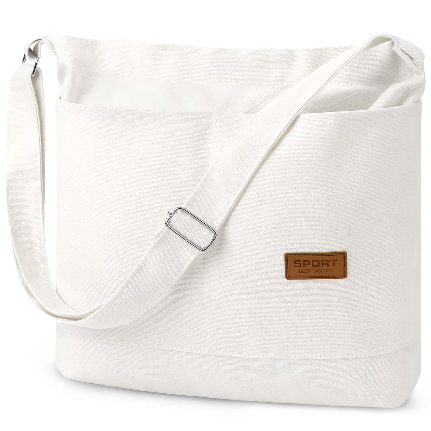 Durable Canvas Tote Bag with External Pocket Design, Stylish Appearance, Adjustable Shoulder Strap (White)