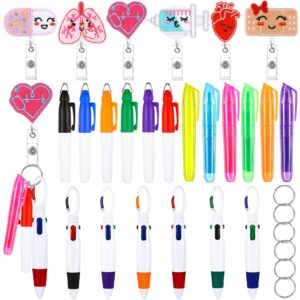 24 pcs nurse pen cna week appreciation gift set 6 permanent marker pen 6 retractable ball pen 6 tip highlighter 6 nursing badge reel holder felt badge clip id name reel for nurses gifts(nurse style)