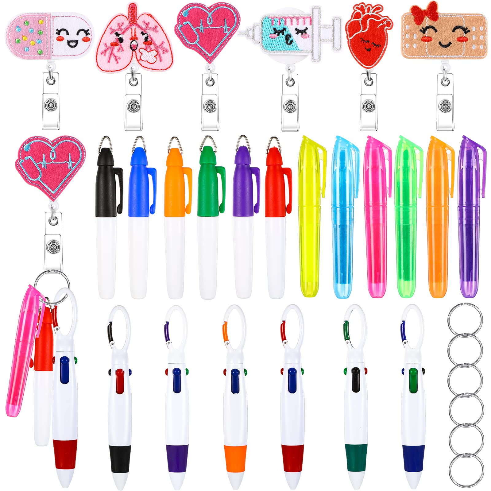 24 Pcs Nurse Pen CNA Week Appreciation Gift Set 6 Permanent Marker Pen 6 Retractable Ball Pen 6 Tip Highlighter 6 Nursing Badge Reel Holder Felt Badge Clip ID Name Reel for Nurses Gifts(Nurse Style)