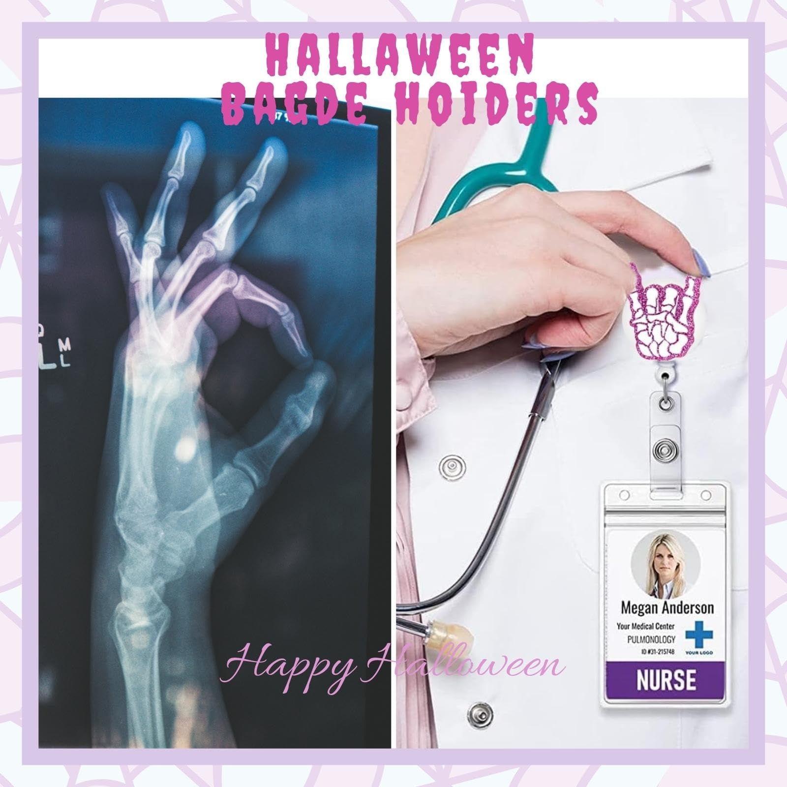 Radiology Xray Badge Reel Halloween Nurse Retractable Badge Clip Pink Skull Hand Badge Holder Funny for Student RN CNA ER Hospital Worker Gifts Radiology Tech Student Essentials