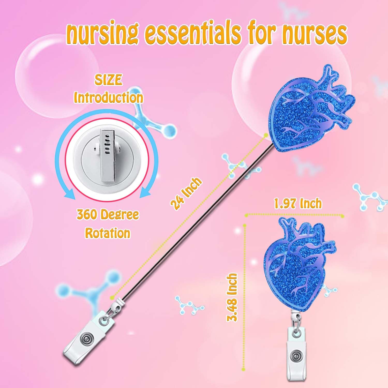 ANDGING Blue Cardiac Heart Badge Reel Holder Retractable Badge Clips Funny Cute Cardiology Nursing Badge Reels Retractable for Nurses Medical Badge Glitter RN LPN CNA ID Card Office Accessories