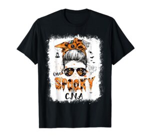 one spooky cna halloween messy bun bleached for nurse rn t-shirt