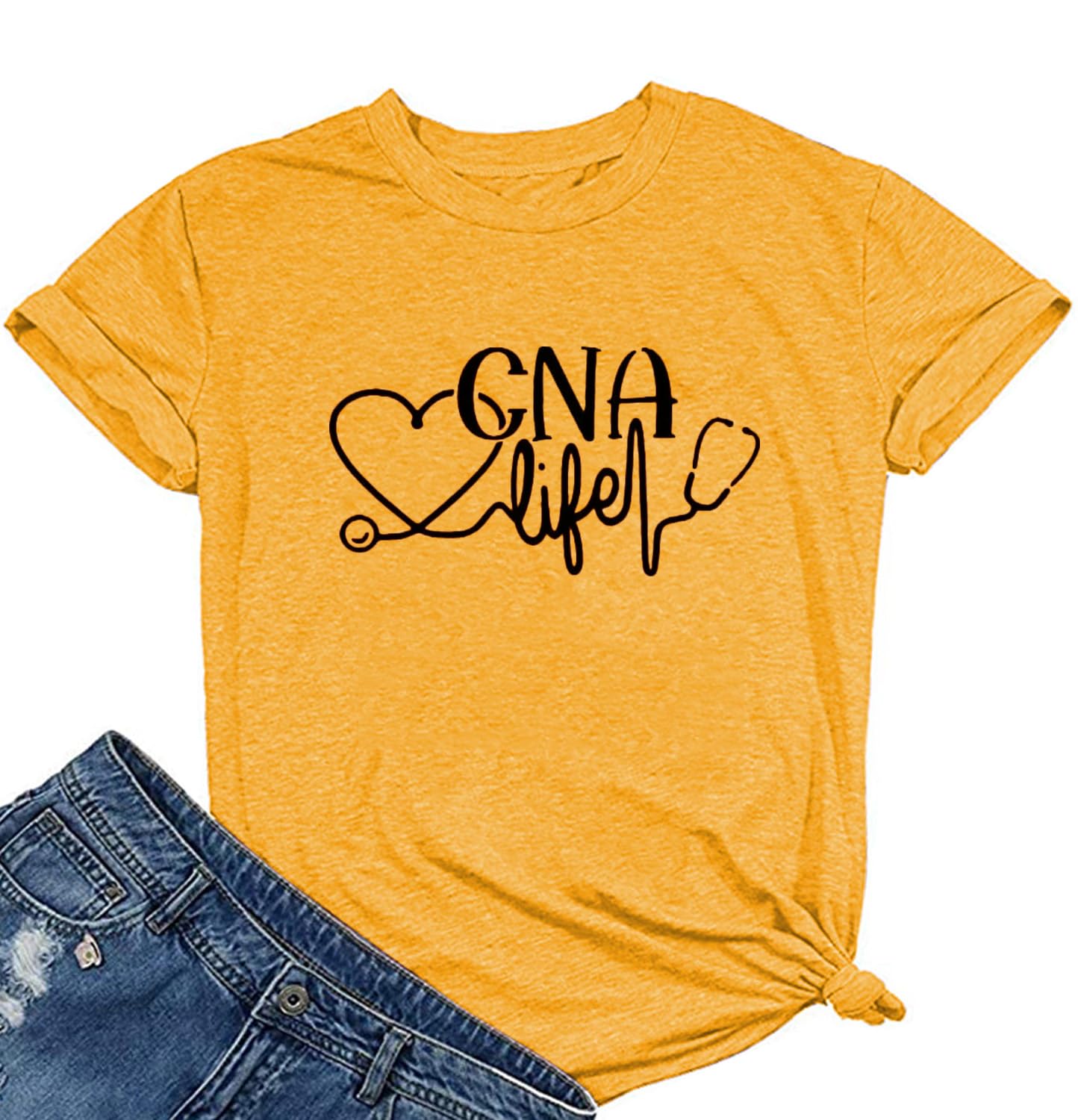 Nursing T-Shirt for Women CNA Life Shirt Casual Short Sleeves Graphic Tees Summer for CNA Nurse Yellow L