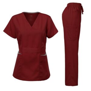 dagacci medical uniform women's scrubs set stretch contrast pocket burgundy xxl