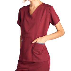 Dagacci Medical Uniform Women's Scrubs Set Stretch Contrast Pocket Burgundy XXL