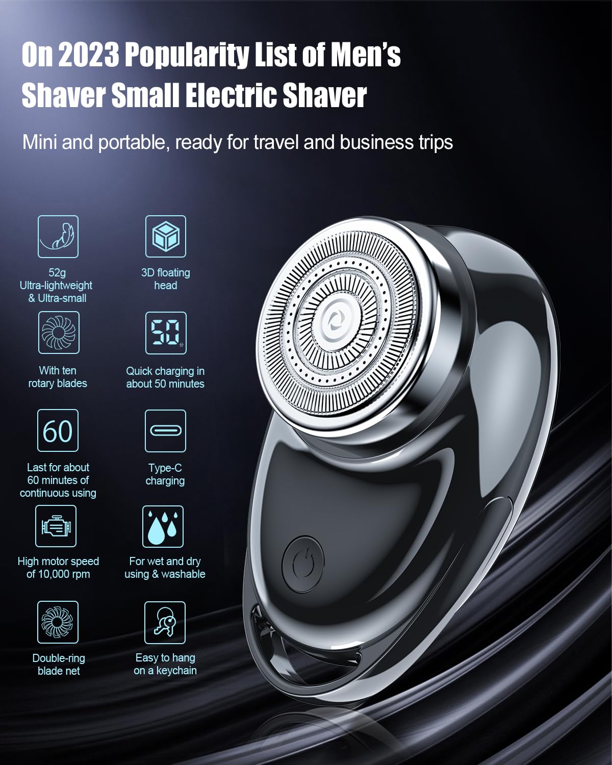 Electric Shaver One-Button Use Electric Razor for Men Rotary Portable Mini Shaver Pocket Size, Rechargeable, Wet&Dry, IPX6 Waterproof, Travel, Home, Office, Car (Black)