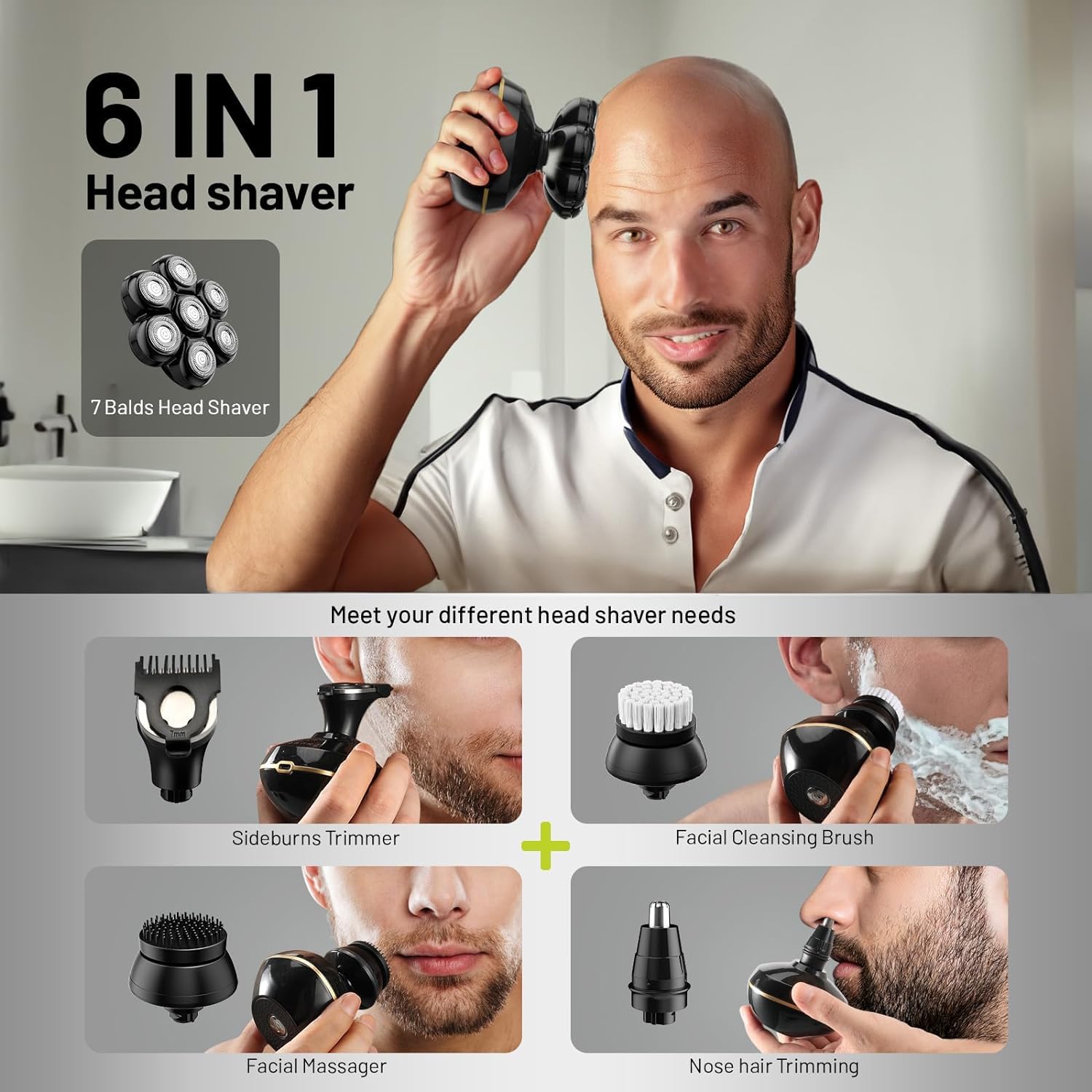 SHPAVVER Head Shavers, Upgrade 6-in-1 Electric Head Shavers for Bald Men, Wet/Dry LED Display Rechargeable 7D Rotary Shaver Grooming Kit with Type-C Charge