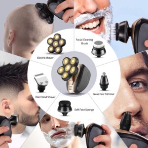 Head Shavers for Men Upgraded 5 in 1 Multifunctional Bald Head Shaver Grooming Kit Cordless Electric Razor for Men Rotary Mens Head Razor Rechargeable Razors for Bald Man Waterproof (Gold)