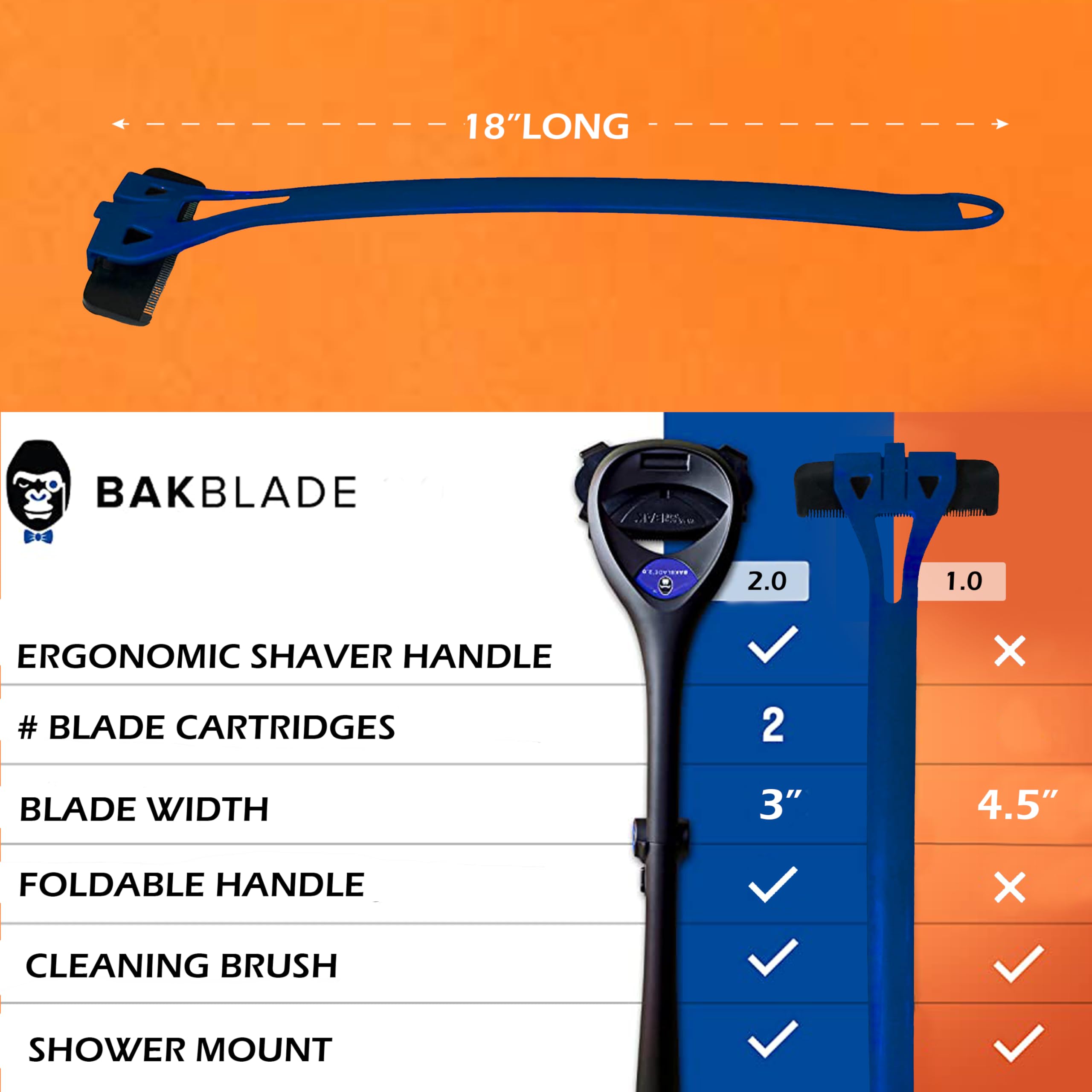 BakBlade 1.0 Back Shavers for Men: Back Hair Removal and Body Shaver (DIY), Back Shaver - Body Hair Trimmer, Extra-Long Handle, Shave Wet or Dry