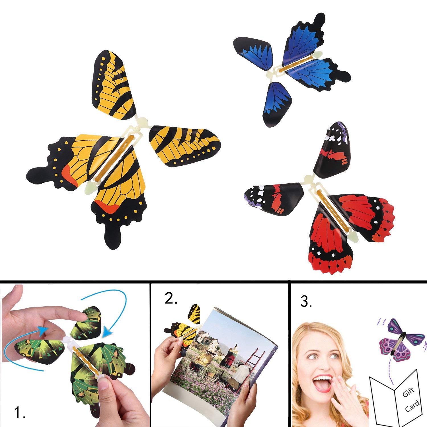 BFY Magic Flying Butterfly Wind Up Toys for Card, Gag Gifts for Kids Great Surprise Colorful Butterfly in Book Greeting Card Books for Wedding Party (5 Pcs)