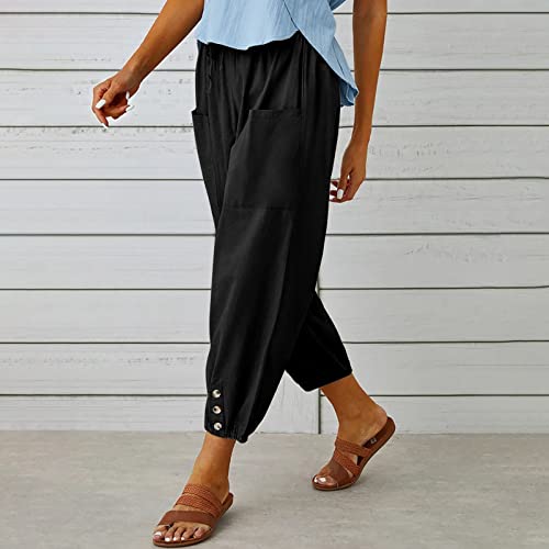 Prime Deals Today Clearance Palazzo Pants for Women Casual Women Casual Lantern Tapered Harem Pants Solid Loose Fit Style Cotton Linen Capris Pants Elastic Waist Cotton Trouser Black 2XL