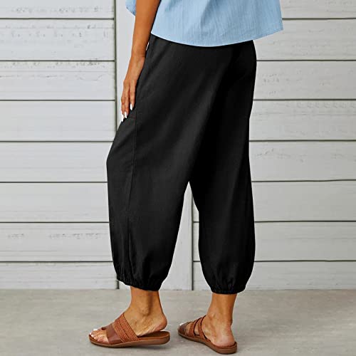 Prime Deals Today Clearance Palazzo Pants for Women Casual Women Casual Lantern Tapered Harem Pants Solid Loose Fit Style Cotton Linen Capris Pants Elastic Waist Cotton Trouser Black 2XL