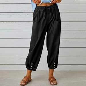 Prime Deals Today Clearance Palazzo Pants for Women Casual Women Casual Lantern Tapered Harem Pants Solid Loose Fit Style Cotton Linen Capris Pants Elastic Waist Cotton Trouser Black 2XL