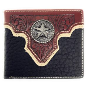 Western Genuine Leather Floral Tooled Texas Star Concho Mens Short Bifold Wallet in 2 colors (Black)