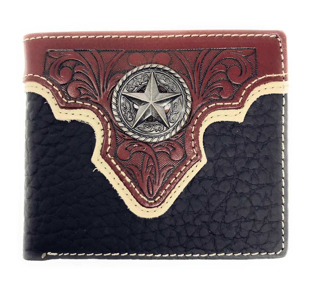 Western Genuine Leather Floral Tooled Texas Star Concho Mens Short Bifold Wallet in 2 colors (Black)